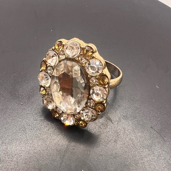 Vintage Ring 60s Huge Clear CZ Rhinestone Gold Overlay Adjustable Band - Picture 2 of 6